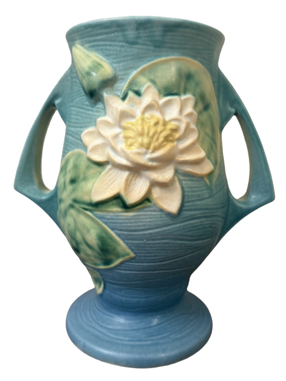 Roseville Pottery Vase in “Water Lily" 78-9  1943 ~9” tall blue 2 handled footed